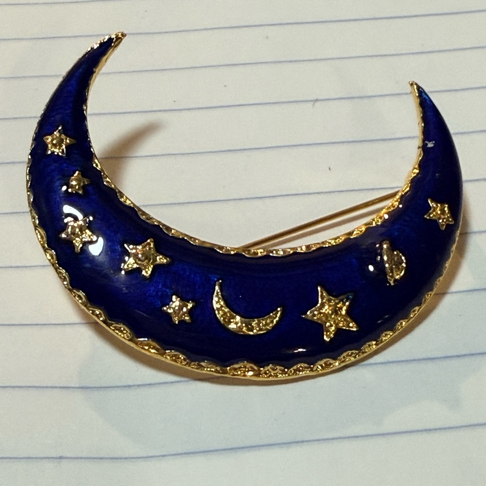 Vintage Blue and Gold Enamel Crescent Moon Brooch